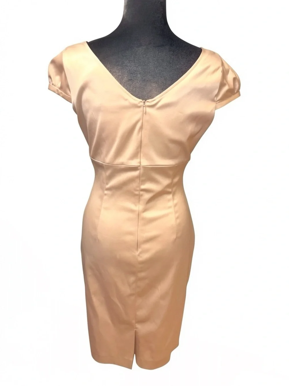 Ellen Tracy Champagne Satin Ruched Front V-Neck Cap Sleeve Sheath Dress